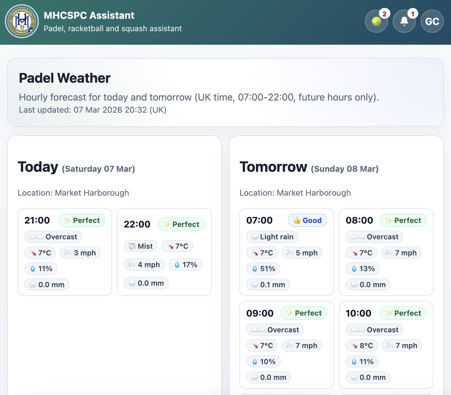 Padel weather screen